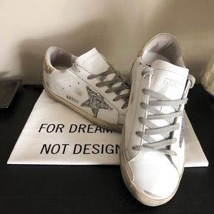 Golden Goose Silver Glitter Superstar with Gold Glossy Heel Tab (Size 38)